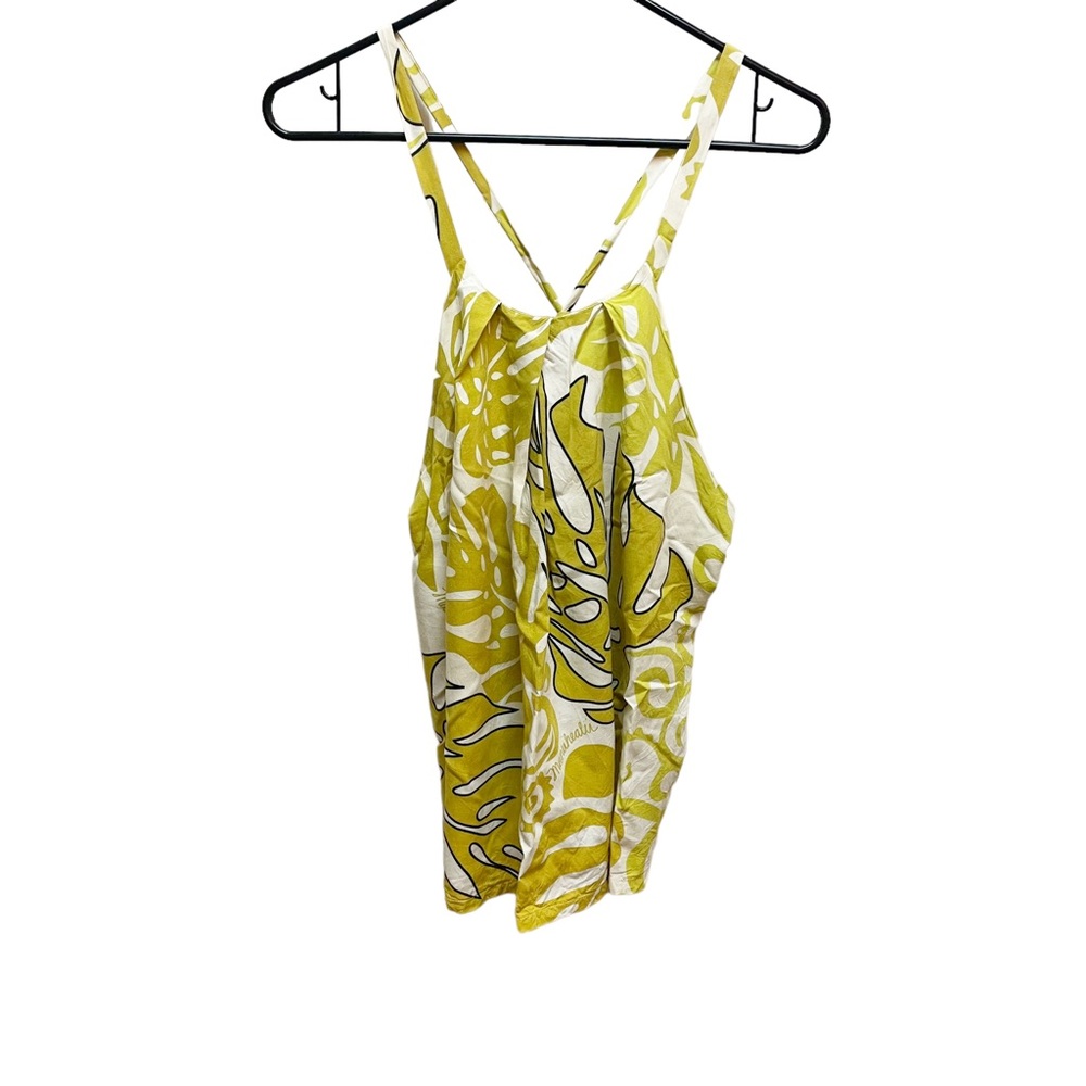Manuhealii Cream & Lime Green Hawaiian Print Tank Top Large